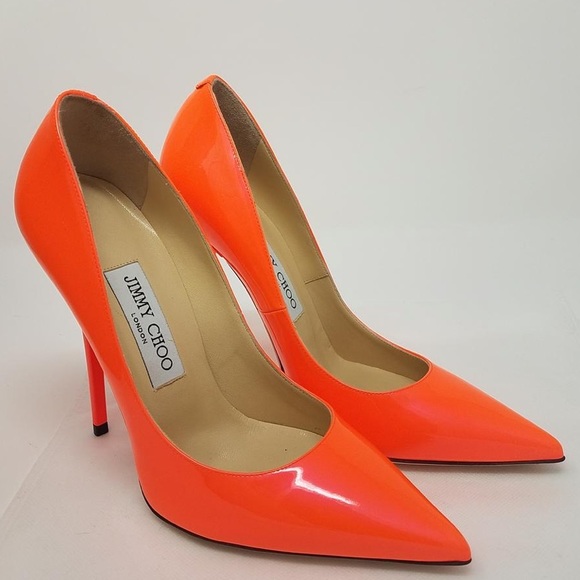 Jimmy Choo Orange Red Patent Leather Anouk Pointed-toe Pumps 37 - Picture 2 of 6